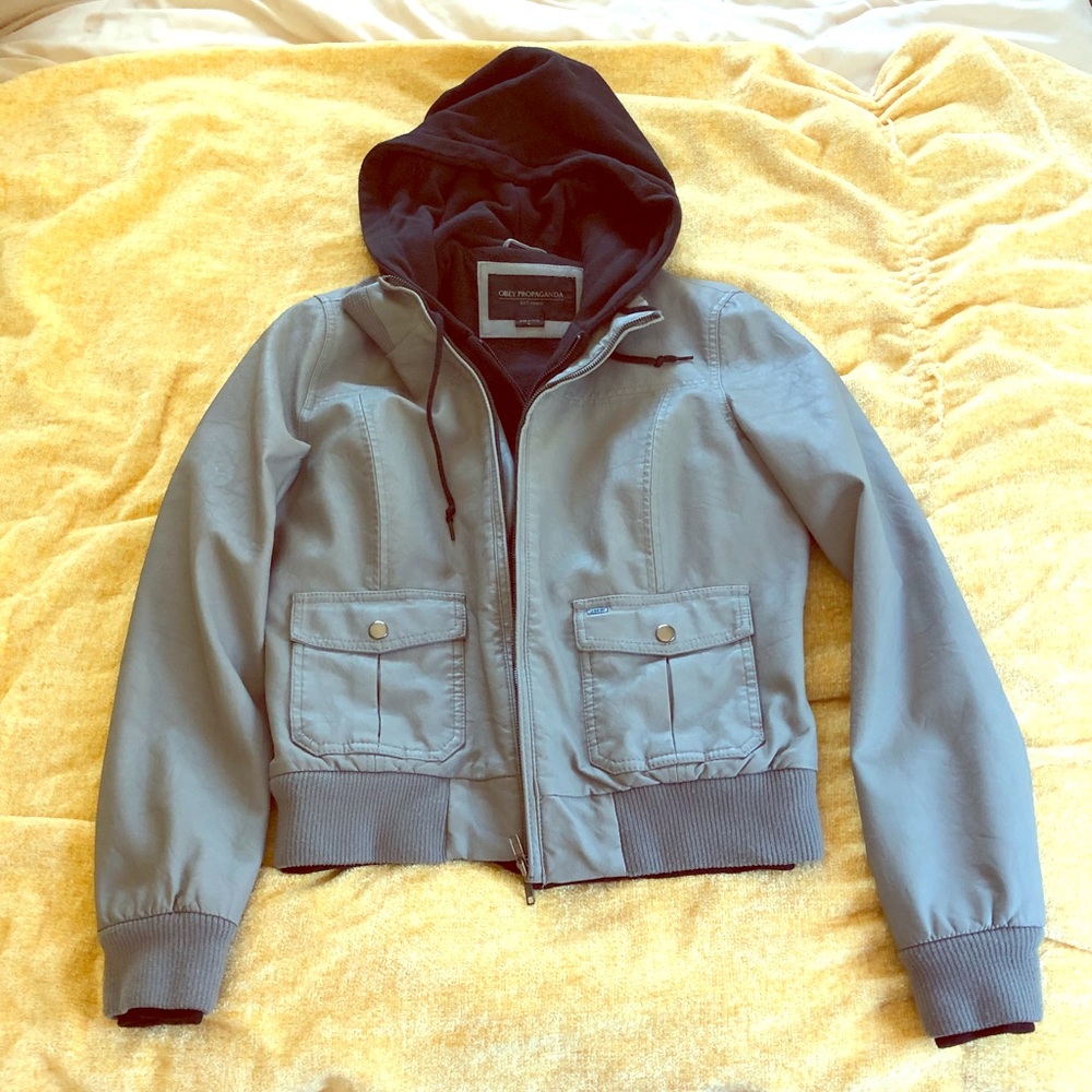 OBEY leather jacket with hoodie (faux)